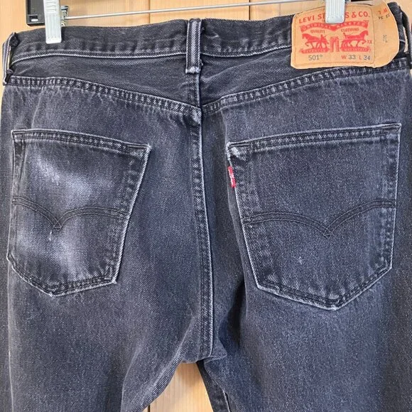 LEVI'S 501 Mens Vintage Button Fly Distressed Red Tab Jeans 33x34 Black AN EXC - Picture 2 of 12